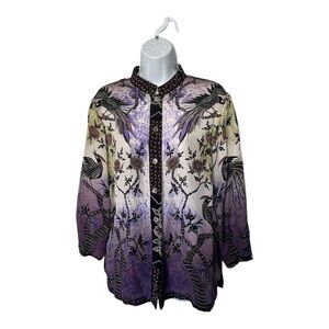 Citron Santa Monica 100% Silk Peacock Kimono Style Blouse Wearable Art Size L